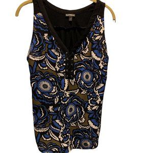 Express, Blue, Black Floral Mixed Fabric Lace Up V-Neck, Sleeveless Top (S)